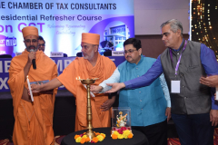 Lightning of the Lamp. Seen from L to R: Shailesh Sheth, Advocate, CA Atul Mehta (Chairman – Indirect Taxes Committee), K. Vaitheeswaran, Advocate, CA Yash Parmar, Pujya Swani Gyaanvatsalji and CA Ketan Vajani (President)