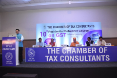 CA Ketan Vajani (President) giving his opening remarks. Seen from L to R: CA Yash Parmar, CA Rajiv Luthia (Advisor – Indirect Taxes Committee), Pujya Swani Gyaanvatsalji, CA Atul Mehta (Chairman – Indirect Taxes Committee) and CA Hemang Shah (Convenor – Indirect Taxes Committee)