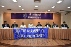 Dignitaries on the dais. Seen from L to R: CA Sumit Jhunjhunwala (Convenor), CA Vikram Mehta (Past Chairman), CA S. S. Gupta (Panellist), CA Hinesh Doshi (President), CA Pranav Kapadia (Panellist), CA Naresh Sheth (Panellist), Mr. Harsh Shah, Advocate (Panellist and CA Kush Vora (Convenor)