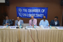 CA Hinesh Doshi (President) giving his opening remarks. Seen from L to R: CA Amit Salla (Convenor), Mr. Ramaswamy Krishnan (Speaker), CA Dinesh Tejwani (Chairman) and CA Mitesh Katira